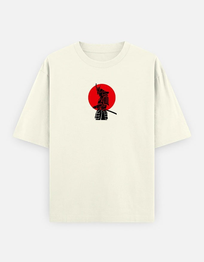 No Cap Co cream oversized t-shirt with black samurai graphic and red sun print. 240 GSM cotton-polyester blend.