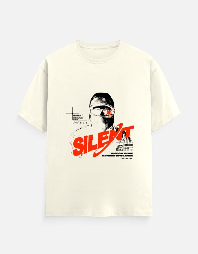 No Cap Co cream 100% cotton crew neck t-shirt with a graphic print of a person wearing a ski mask and red sunglasses, text reads SILENT.
