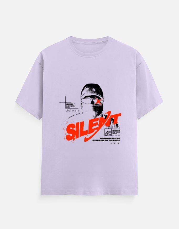 No Cap Co lavender 100% cotton crew neck t-shirt with a graphic print of a person wearing goggles and the word "SILENT" in red.