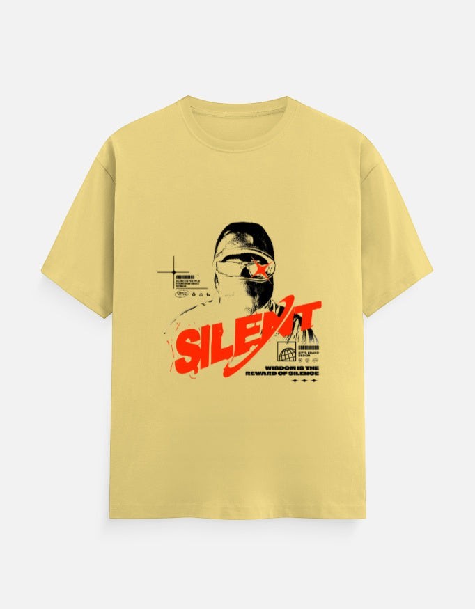 No Cap Co yellow 100% cotton crew neck t-shirt with a graphic print of a person wearing a mask and goggles, and the word "SILENT" in red.