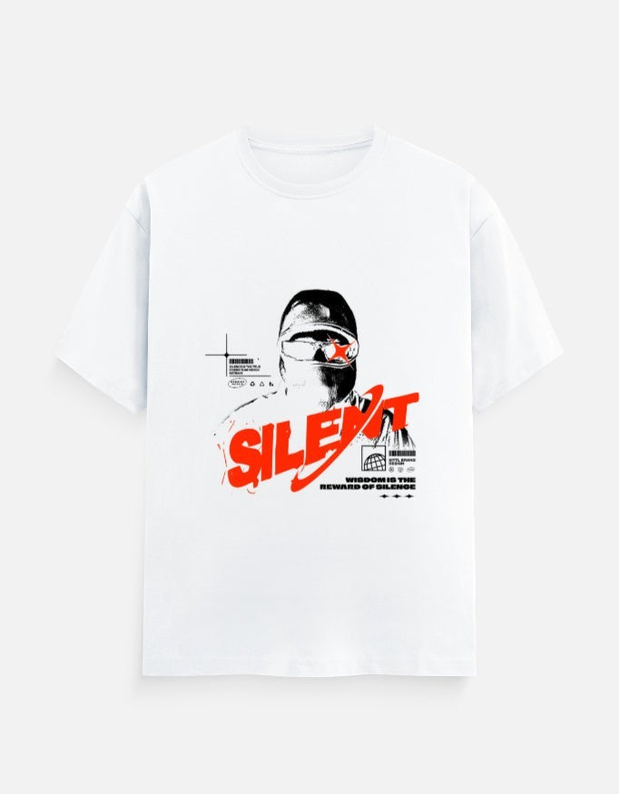 No Cap Co white 100% cotton crew neck t-shirt with a graphic print of a person wearing a mask and goggles, and the word "SILENT" in red.