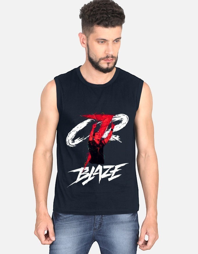 No Cap Co navy blue 100% cotton sleeveless t-shirt with graphic print and "BLAZE" text.