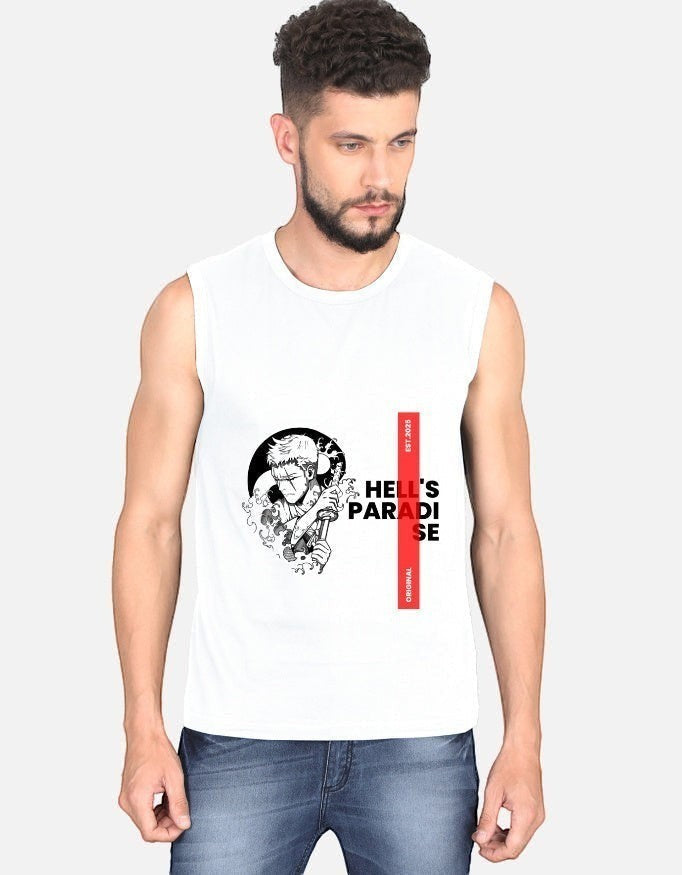 No Cap Co white 100% cotton sleeveless t-shirt with "HELL'S PARADISE" graphic and anime character.