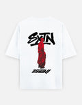No Cap Co SXTN oversized white 100% cotton t-shirt with red graphic print of figure and logo.