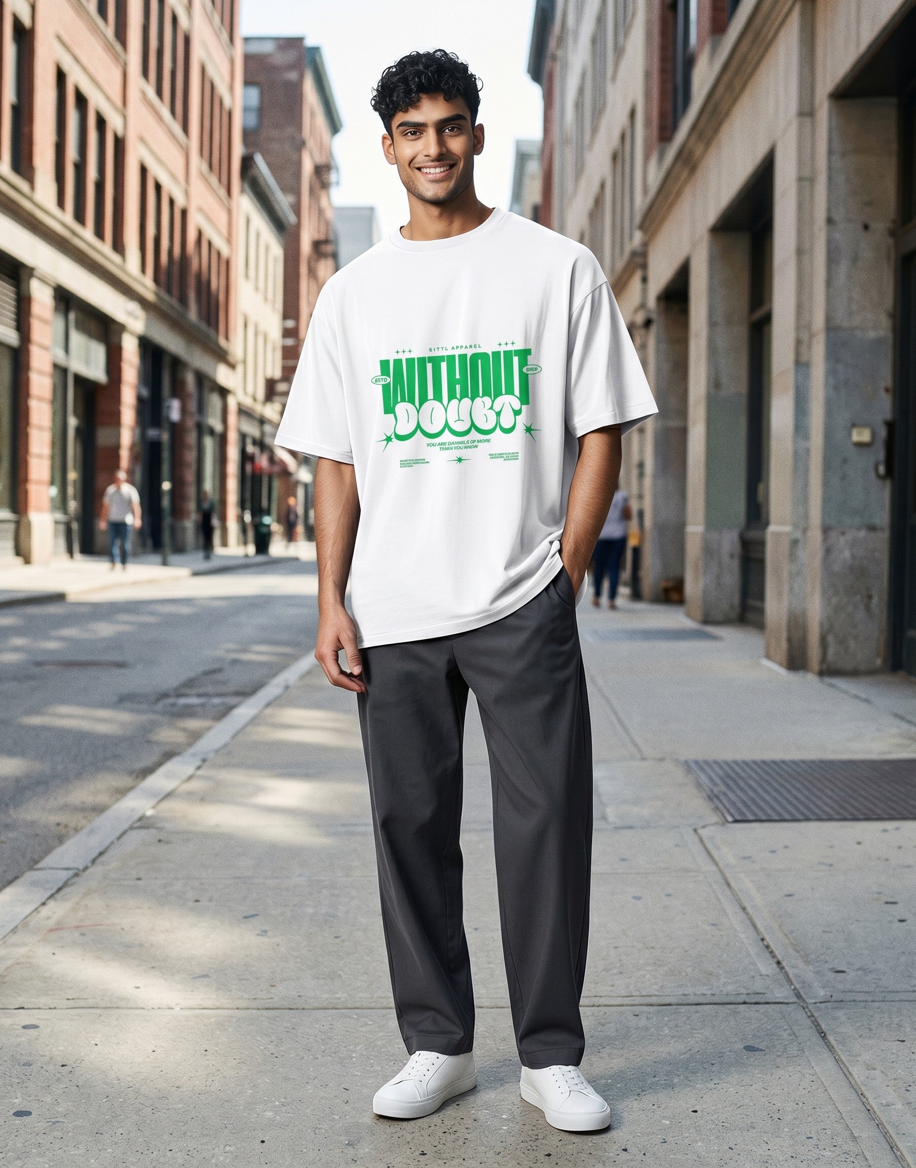 No Cap Co white 100% cotton crew neck t-shirt with green "Without Doubt" graphic print and text.