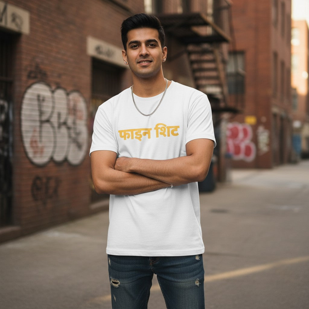 No Cap Co white 100% cotton unisex t-shirt with yellow cultural script text reading "FINE SHYT".