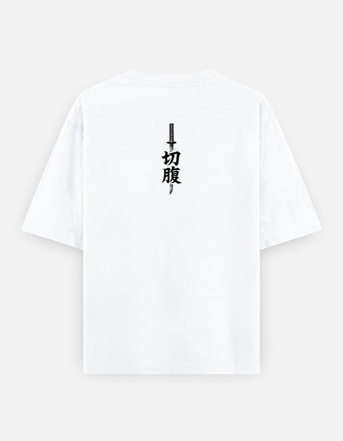 No Cap Co white oversized t-shirt with Japanese text and sword graphic on back, 240 GSM cotton-polyester blend.