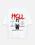 No Cap Co white 100% cotton oversized t-shirt with red 'HELL' graphic and graphic of a man.