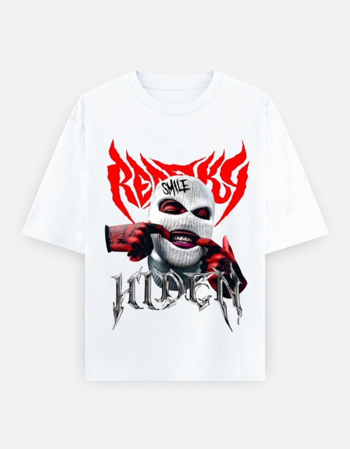 No Cap Co white 100% cotton oversized t-shirt with a graphic print of a person wearing a ski mask and red flames.