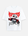 No Cap Co white 100% cotton oversized t-shirt with a graphic print of a person wearing a ski mask and red flames.
