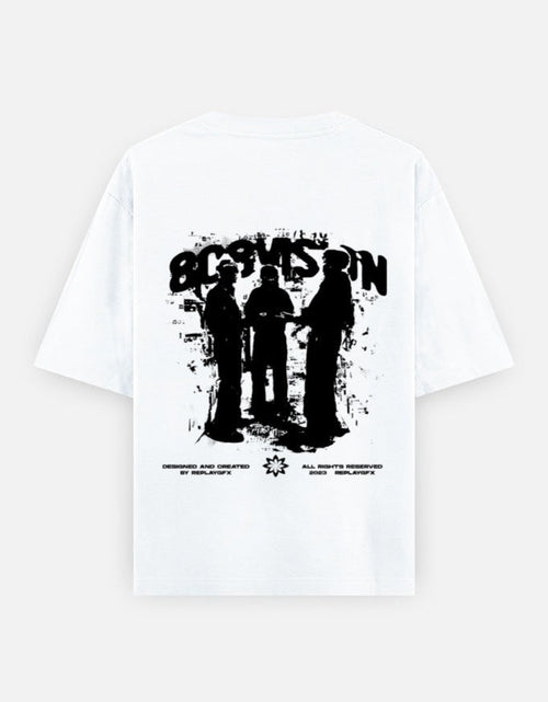 No Cap Co white 100% cotton oversized t-shirt with graphic print on back.