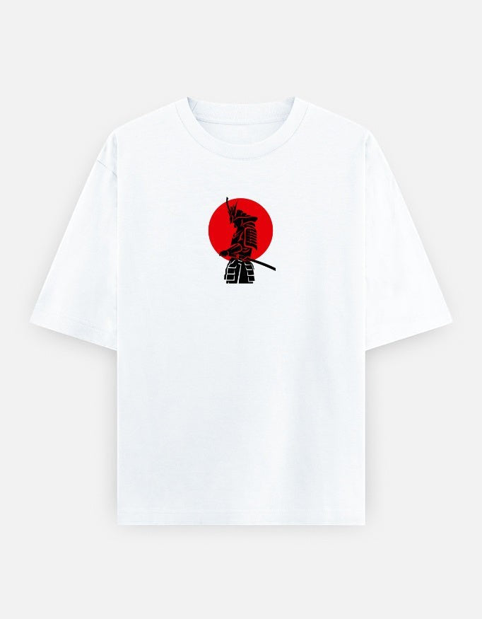 No Cap Co white oversized t-shirt with a black samurai graphic and red sun design. Premium 240 GSM cotton-polyester blend.