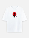 No Cap Co white oversized t-shirt with a black samurai graphic and red sun design. Premium 240 GSM cotton-polyester blend.