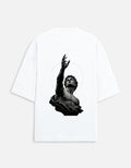 No Cap Co white oversized t-shirt with a black and white print of a classical statue reaching upwards towards a star.