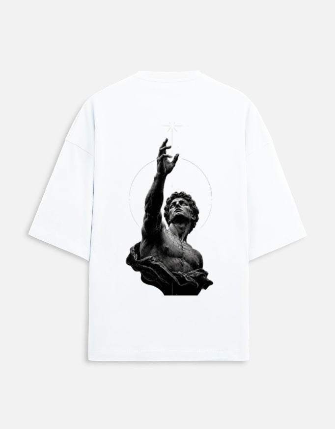 No Cap Co white oversized t-shirt with a black and white print of a classical statue reaching upwards towards a star.