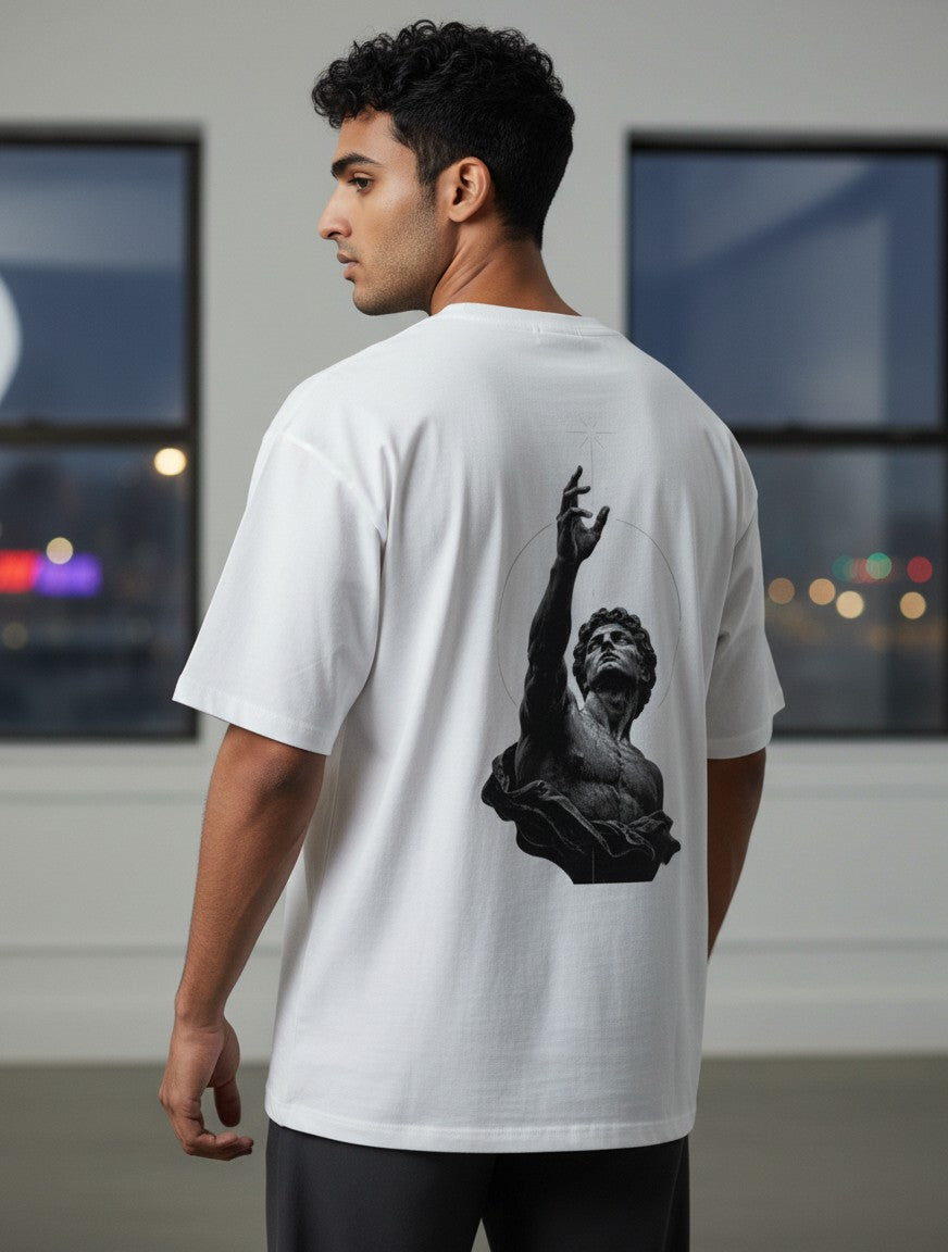 No Cap Co white oversized t-shirt with a black print of a classical statue reaching upwards towards a star.