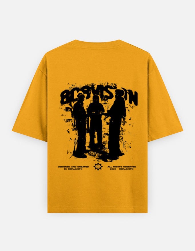 No Cap Co yellow 100% cotton oversized t-shirt with black graphic print on back.