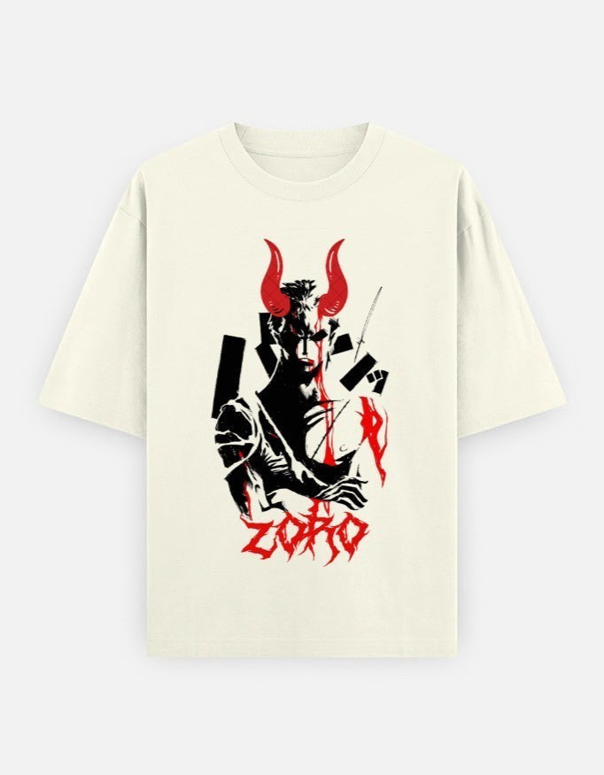 No Cap Co ZORO oversized t-shirt in cream, 100% cotton with a graphic print of Zoro with red horns and blood.