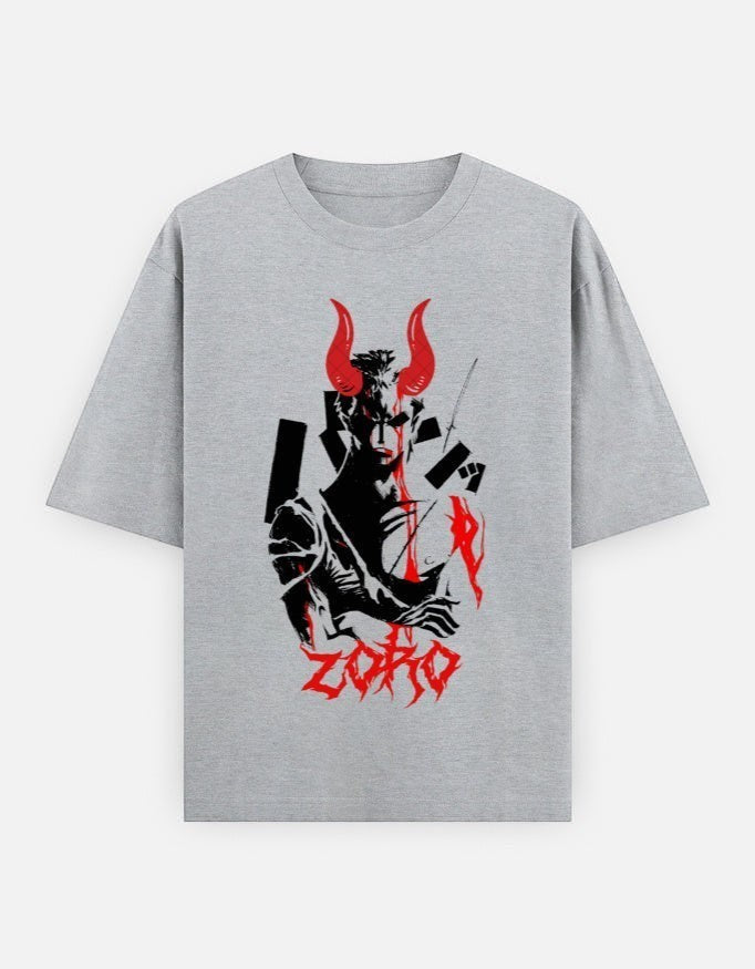 No Cap Co grey 100% cotton oversized t-shirt with a black and red graphic print of Zoro with horns and swords.