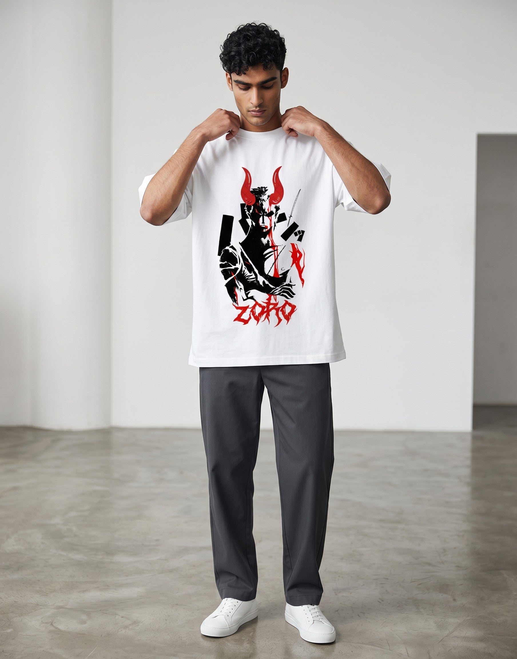 No Cap Co white 100% cotton oversized t-shirt with a graphic print of Zoro with red horns and swords.