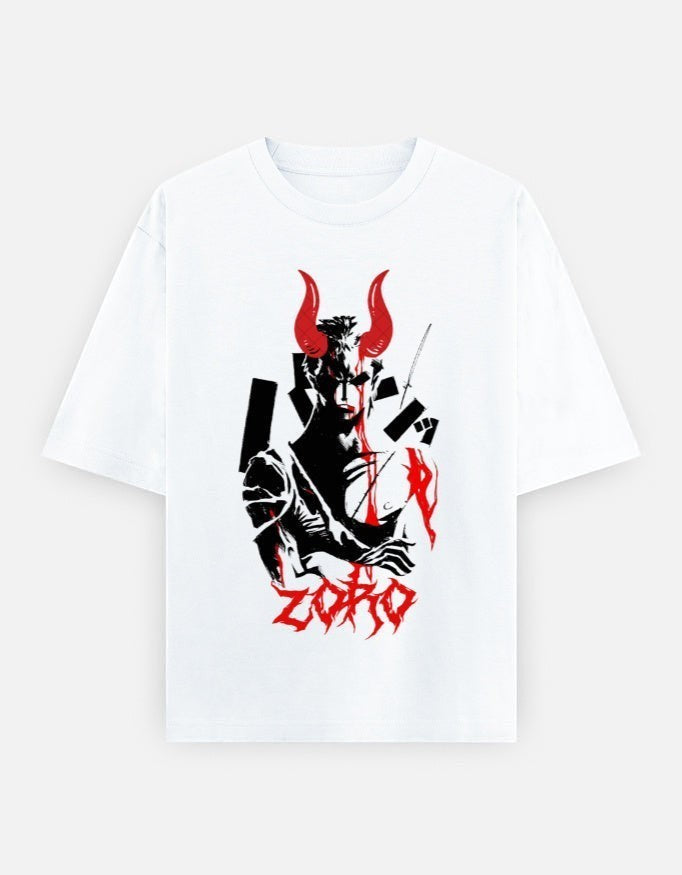 No Cap Co white 100% cotton oversized t-shirt with a graphic print of Zoro with red horns and blood splatter.